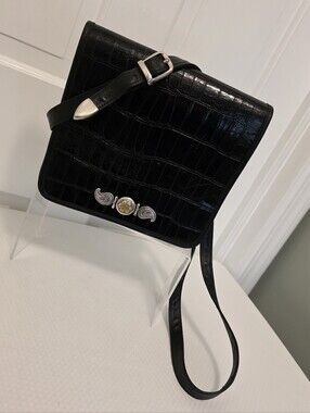 ZIPPI Black Croc-Embossed Crossbody/Shoulder Bag with Two-Tone Medallion Accent